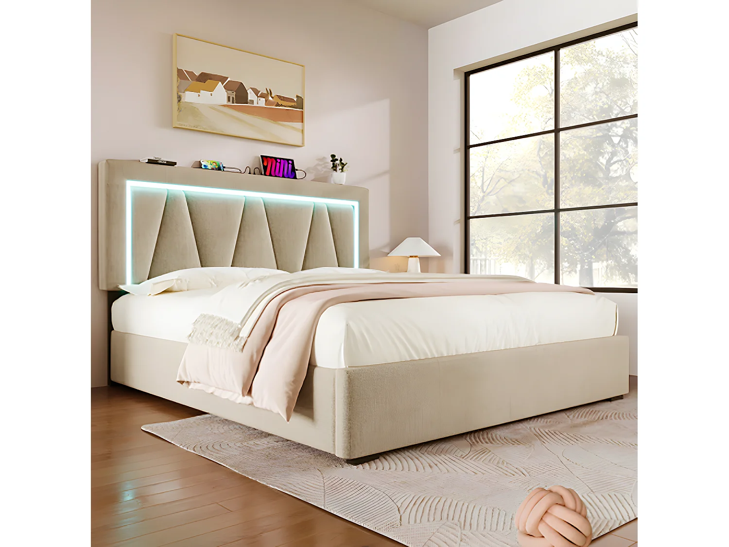 Lit adulte Lit coffre lit double LED avec fonction de chargement USB Type C et éclairage LED lits de rangementm Lit rembourré 160x200 Beige