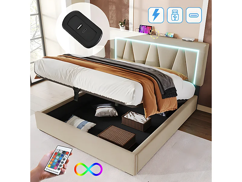 Lit adulte Lit coffre lit double LED avec fonction de chargement USB Type C et éclairage LED lits de rangementm Lit rembourré 160x200 Beige