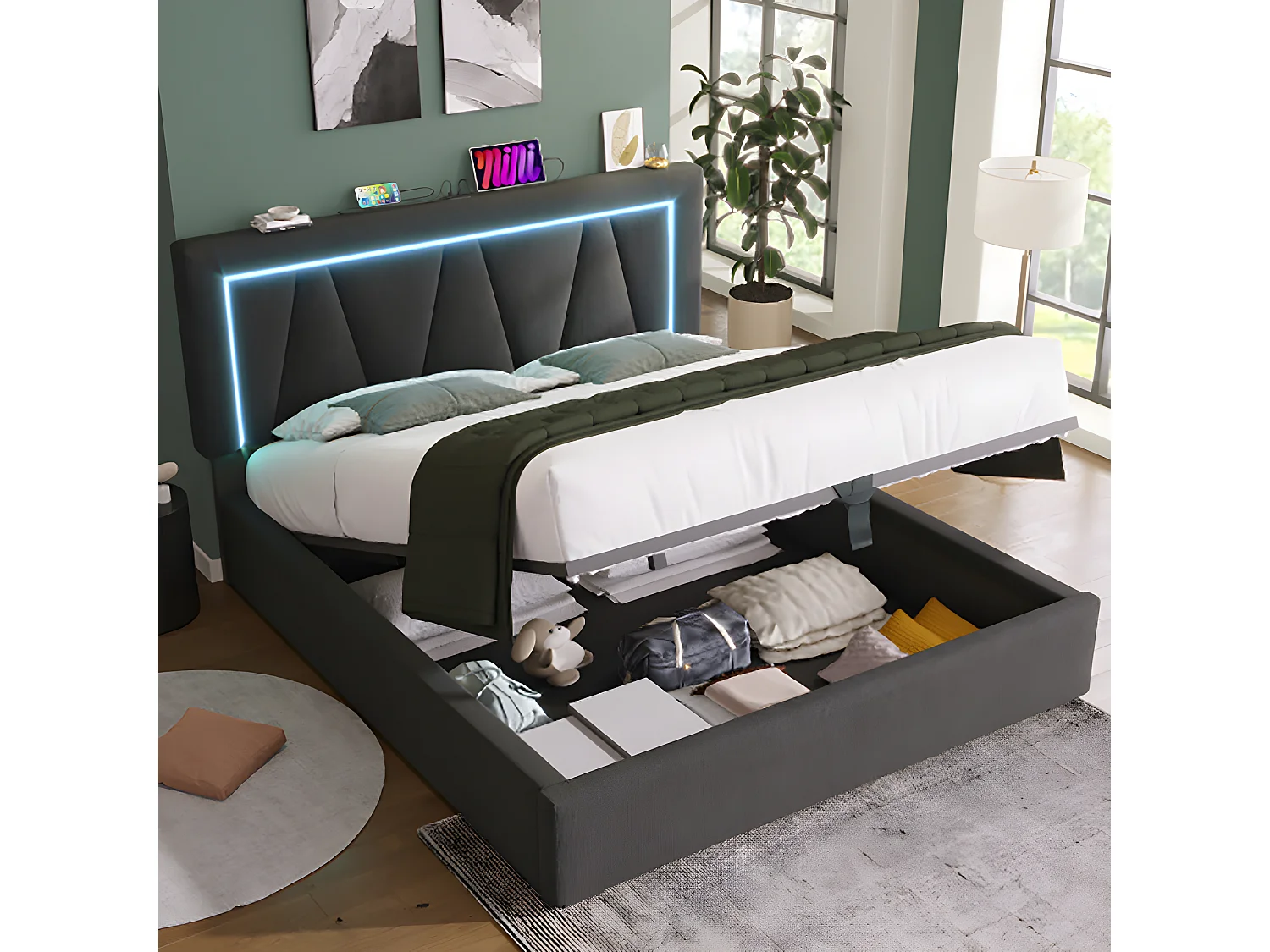 Lit adulte Lit coffre lit double LED avec fonction de chargement USB Type C et éclairage LED lits de rangementm Lit rembourré 160x200 Gris avec matelas