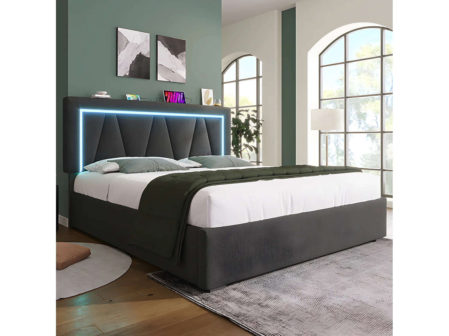 Lit adulte Lit coffre lit double LED avec fonction de chargement USB Type C et éclairage LED lits de rangementm Lit rembourré 160x200 Gris avec matelas