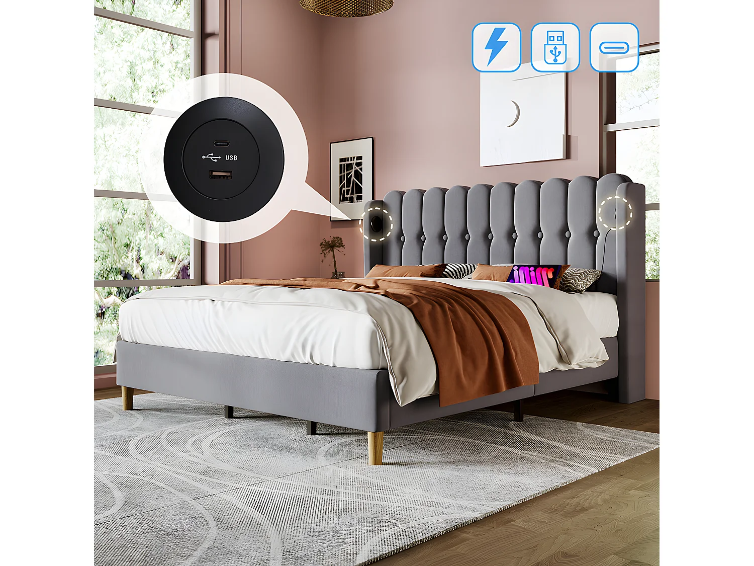 Lit adulte Lit rembourré lit double avec fonction de chargement USB Type C cadre de lit avec sommier à lattes lit 180 x 200 cm gris