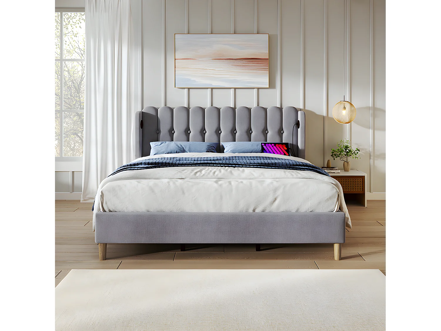 Lit adulte Lit rembourré lit double avec fonction de chargement USB Type C cadre de lit avec sommier à lattes lit 180 x 200 cm gris