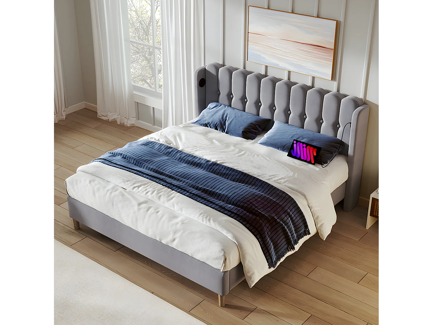 Lit adulte Lit rembourré lit double avec fonction de chargement USB Type C cadre de lit avec sommier à lattes lit 180 x 200 cm gris