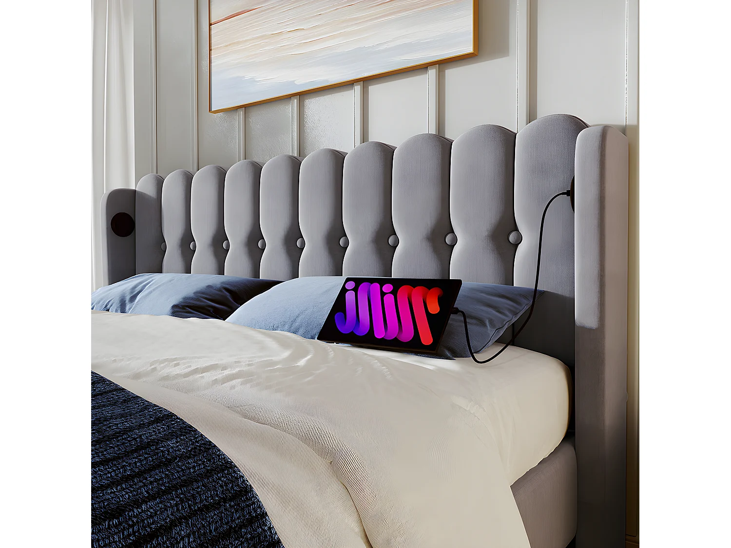 Lit adulte Lit rembourré lit double avec fonction de chargement USB Type C cadre de lit avec sommier à lattes lit 180 x 200 cm gris