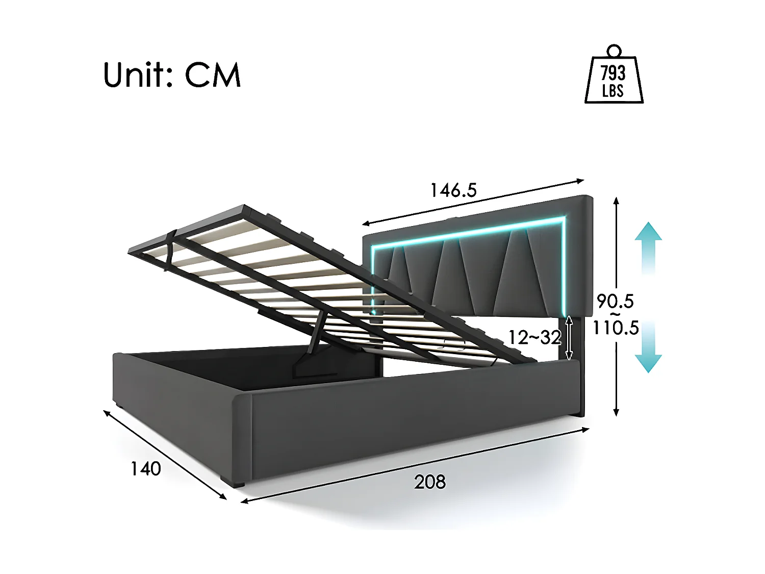 Lit adulte Lit coffre lit double LED avec fonction de chargement USB Type C et éclairage LED lits de rangementm Lit rembourré 140x200 Gris avec matelas