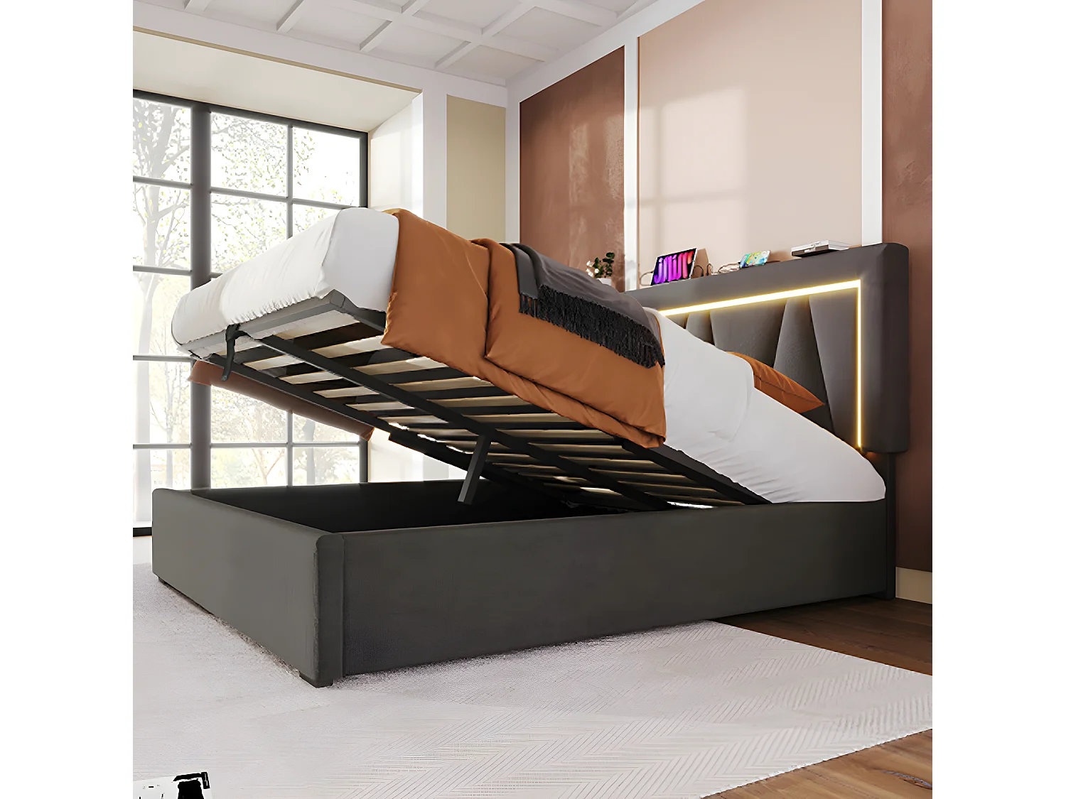 Lit adulte Lit coffre lit double LED avec fonction de chargement USB Type C et éclairage LED lits de rangementm Lit rembourré 140x200 Gris avec matelas