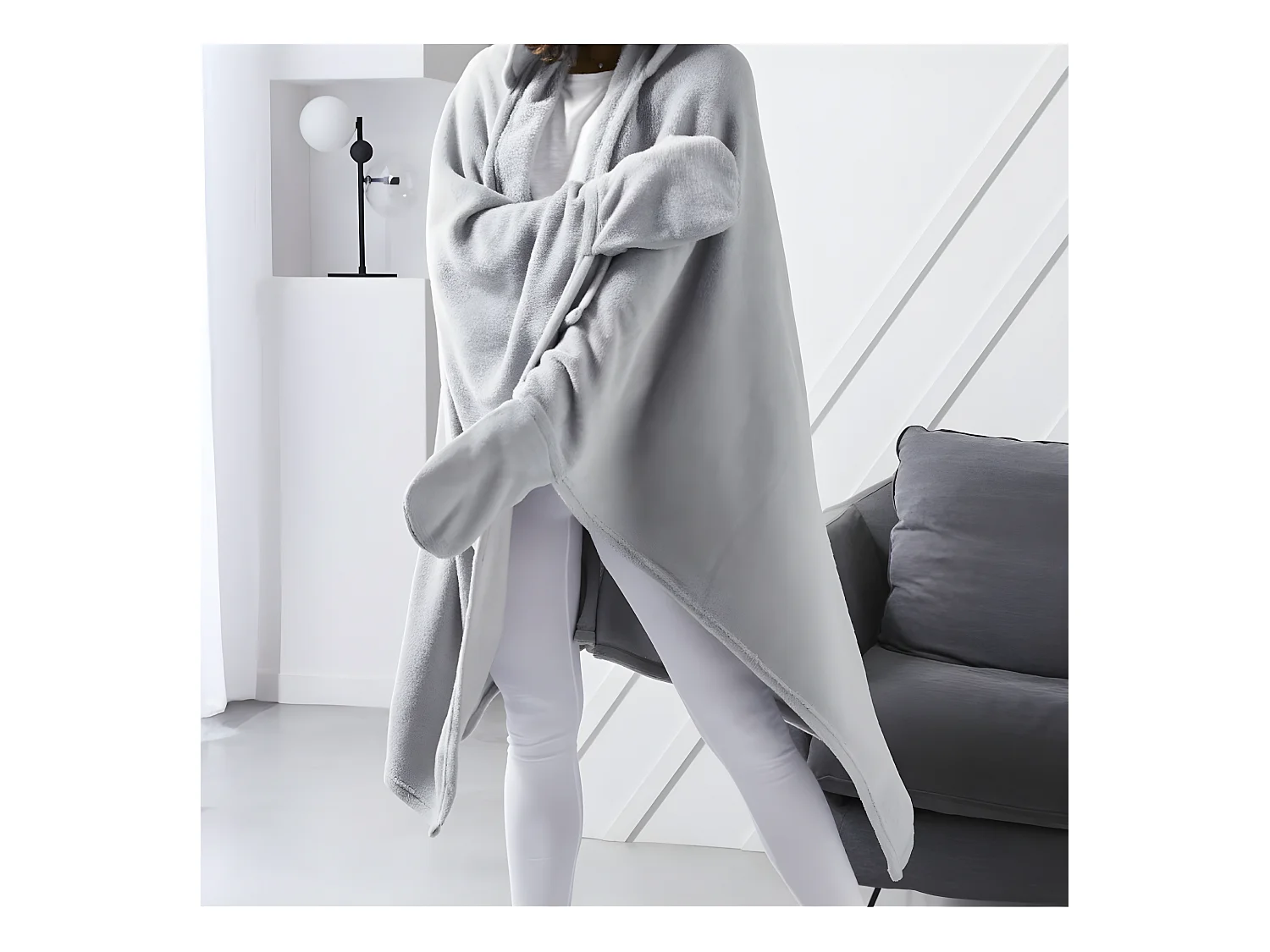 Fleece deken met mouwen en capuchon, staalkleur, 165 x 115 cm
