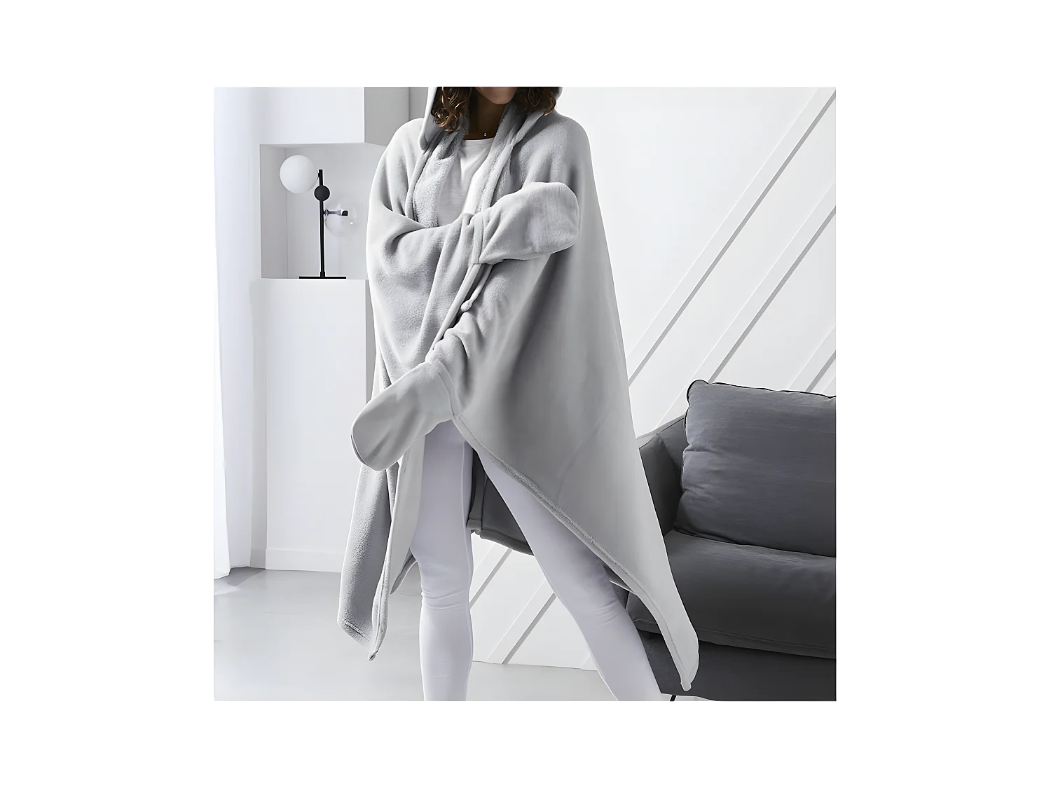 Fleece deken met mouwen en capuchon, staalkleur, 165 x 115 cm