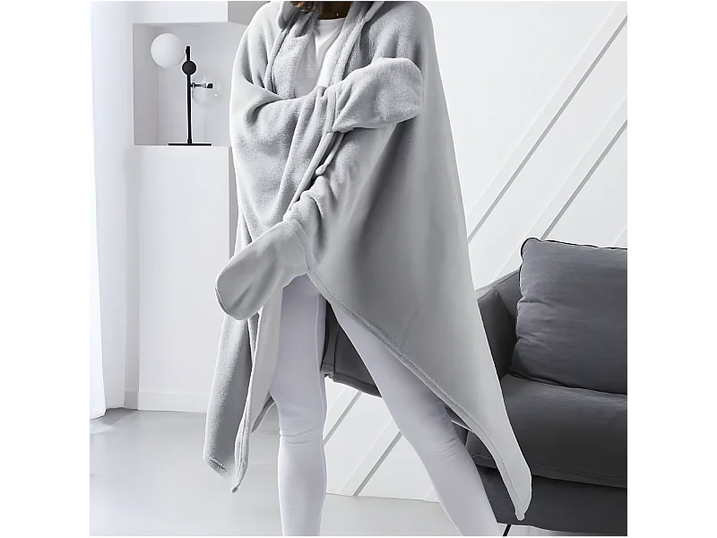 Fleece deken met mouwen en capuchon, staalkleur, 165 x 115 cm