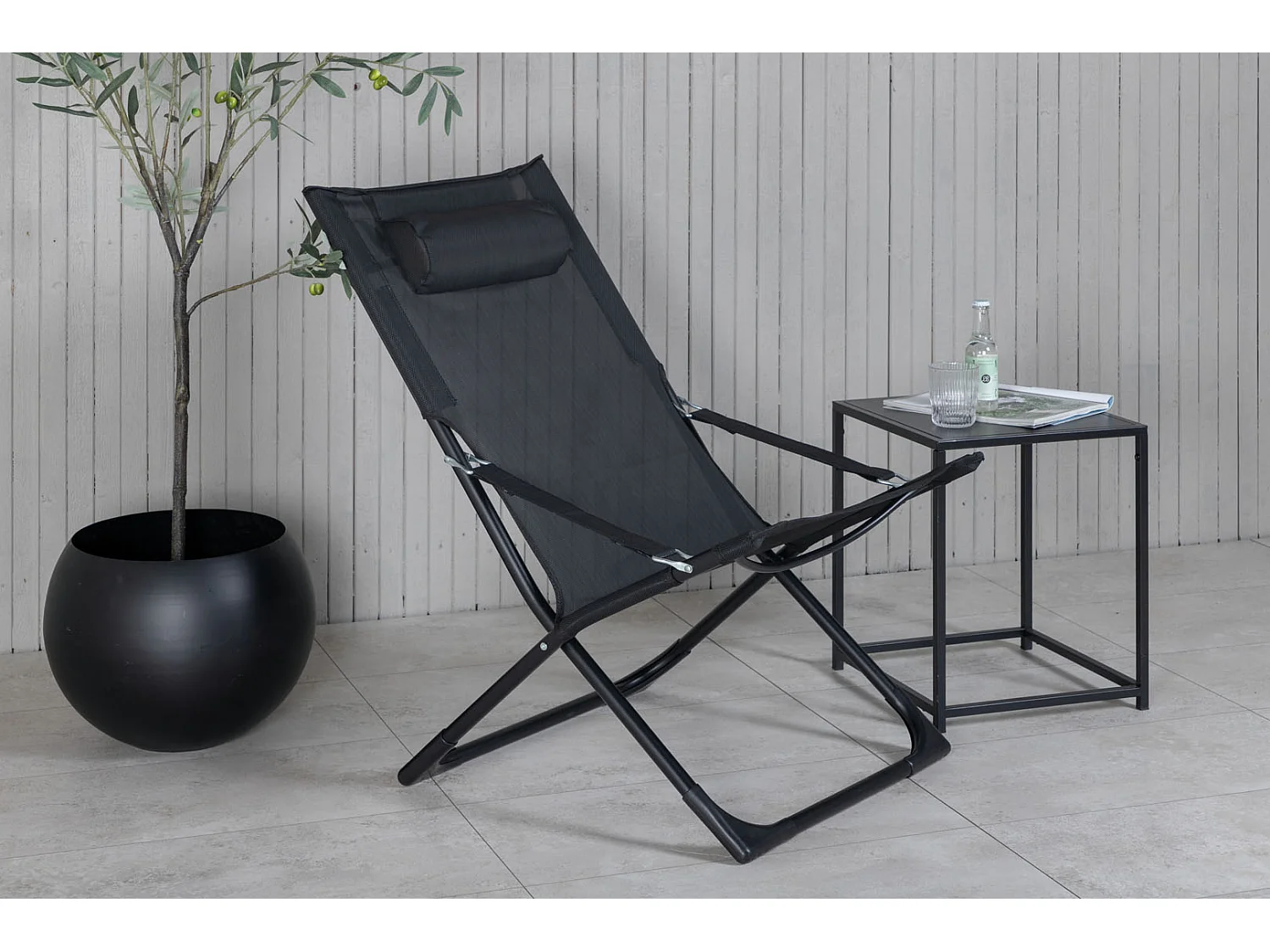 Seville Chaise longue de jardin, chaise de plage pliante, noir.