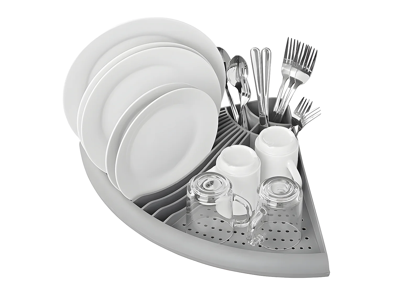 Platzsparendes Eck-Geschirrabtropfgestell mit 4 Besteckfächern und Platz für 11 Teller aus dunkelgrauem PP