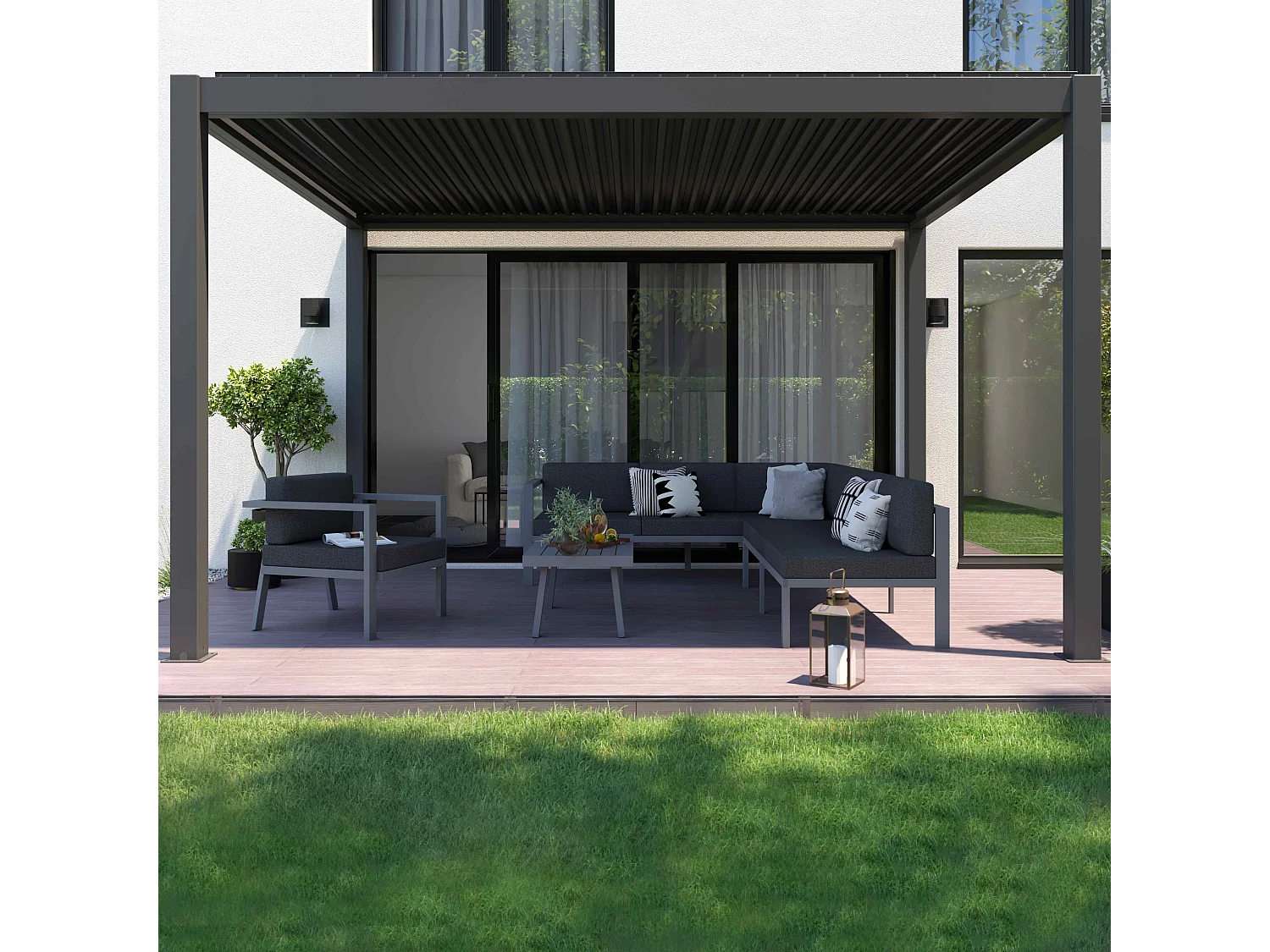 Zelfdragende en verlichte pergola van 3x4m met 3 zonneschermen