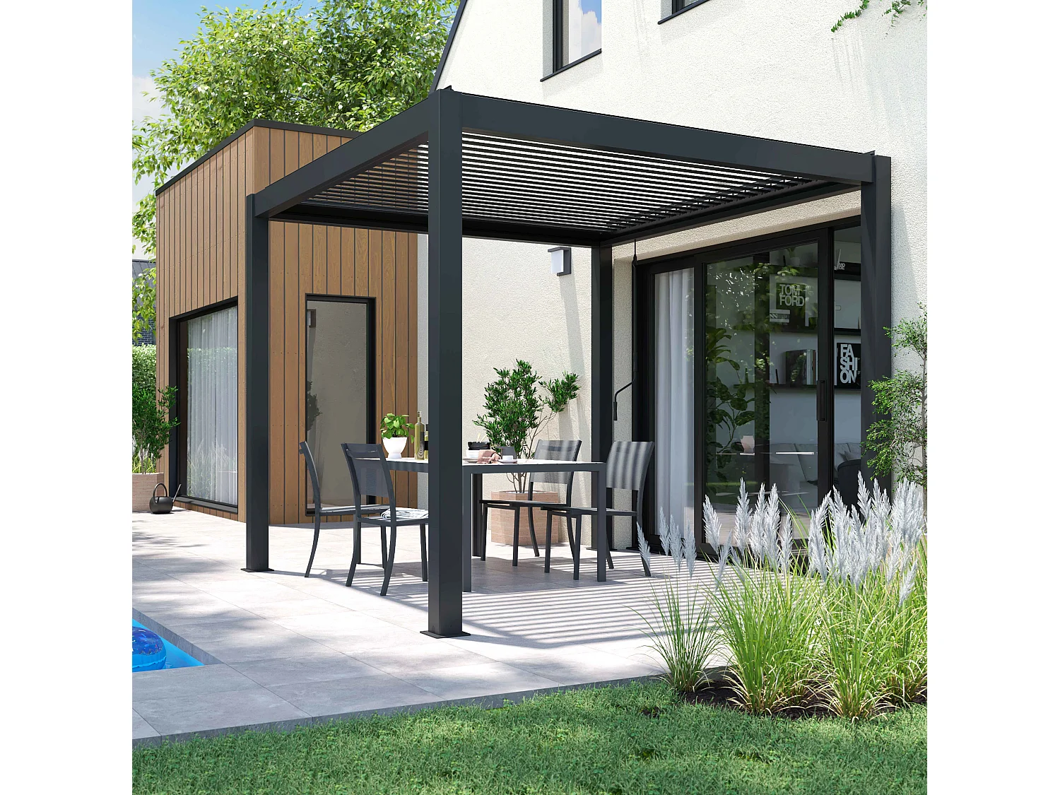 Pergola bioclimatique autoportée 3x3m et 1 Store 2,66 X 2,34 m