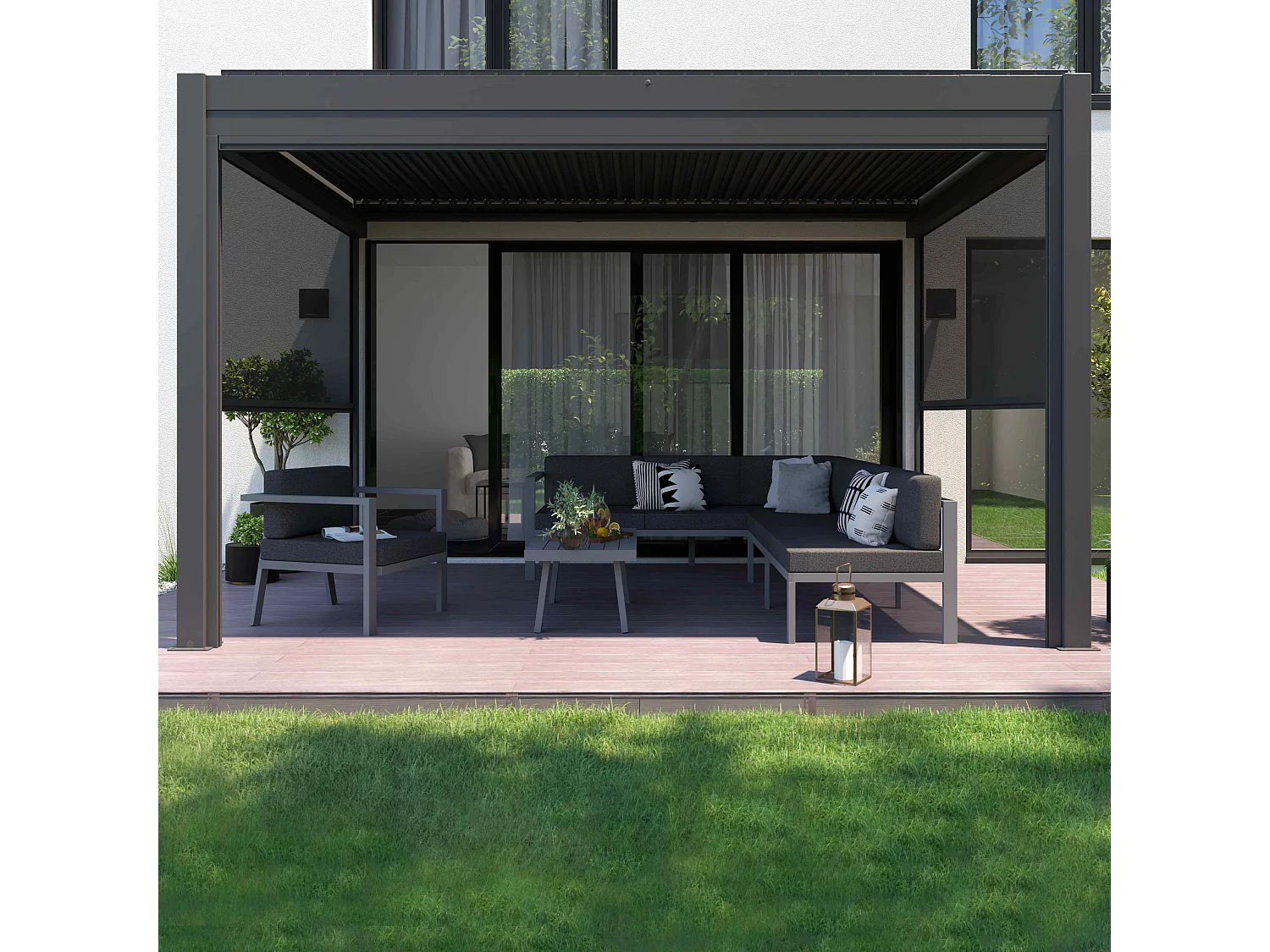 Pergola bioclimatique adossée et motorisée éclairée 3x4m et 2 stores