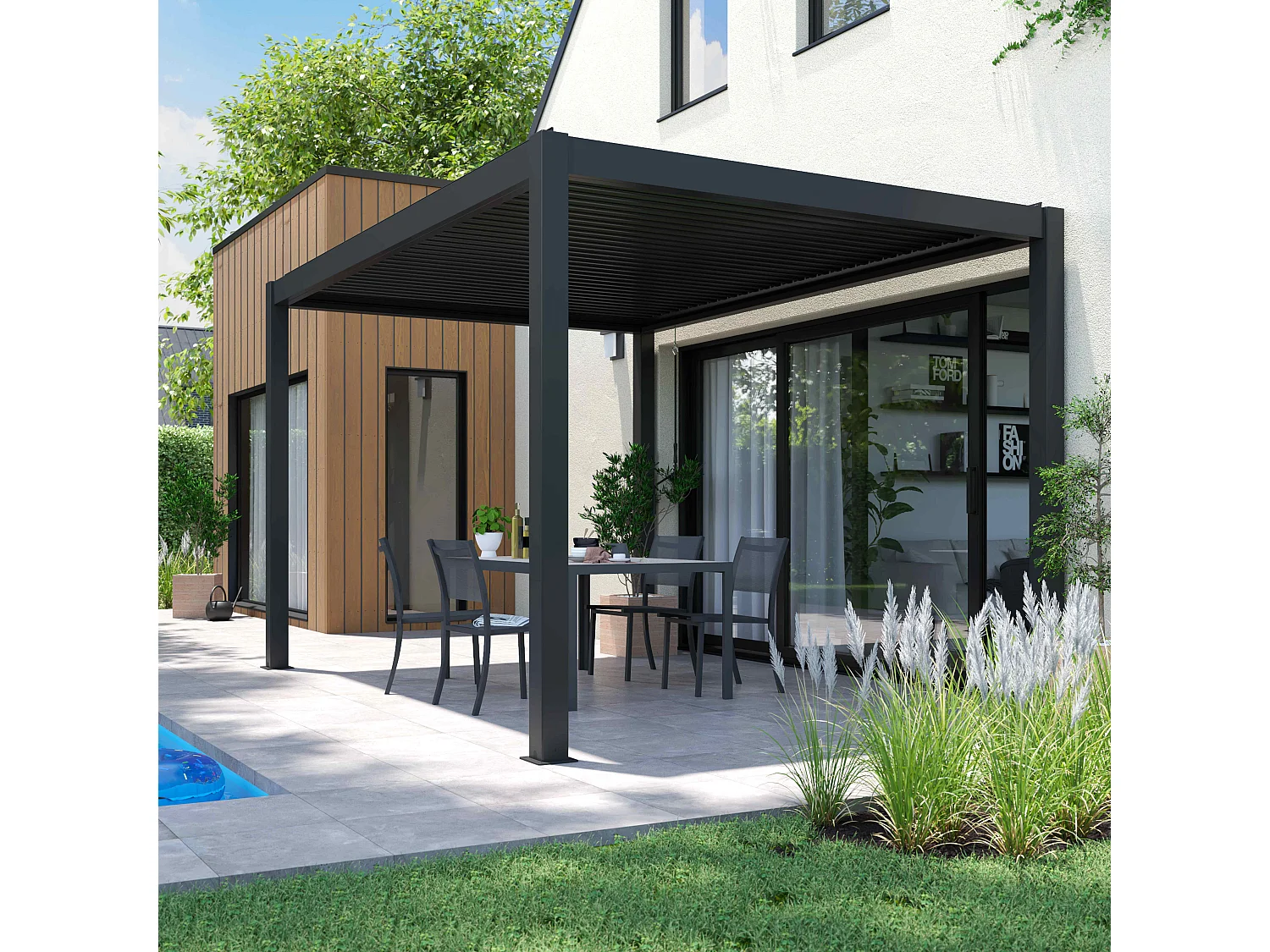 Bioklimatologische zelfdragende pergola 3x4m met 3 grijze luifels