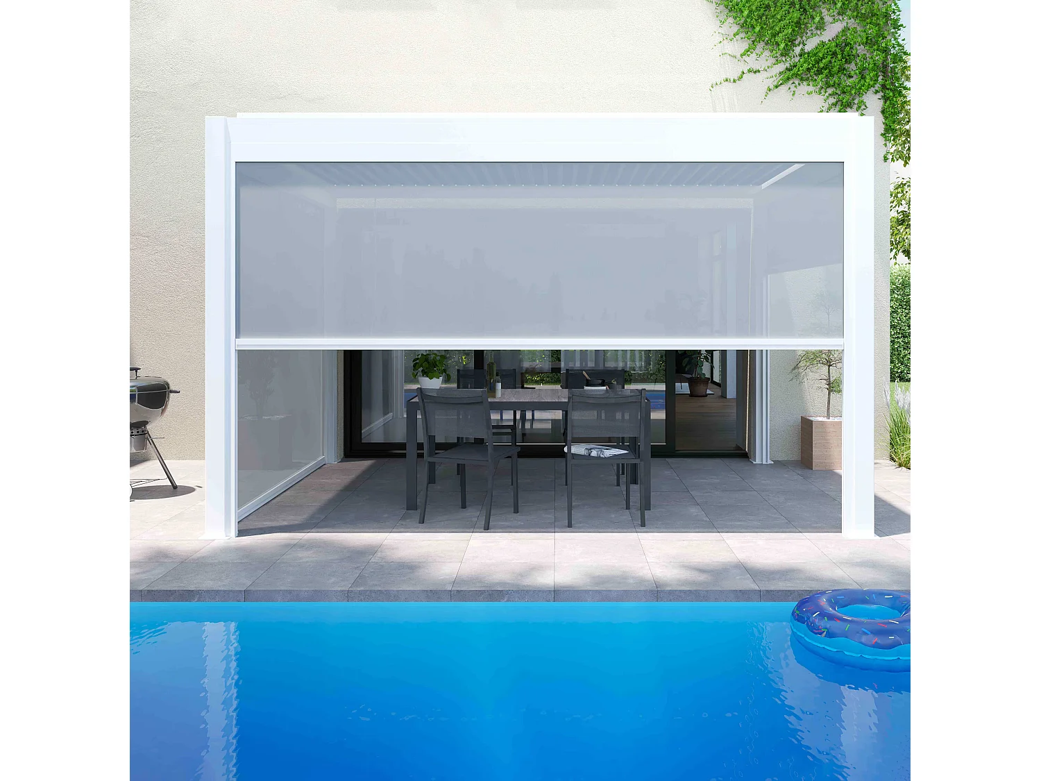 Pergola bioclimatique 3x4m autoportée avec 1 store 3,73 x 2,34 m blanc