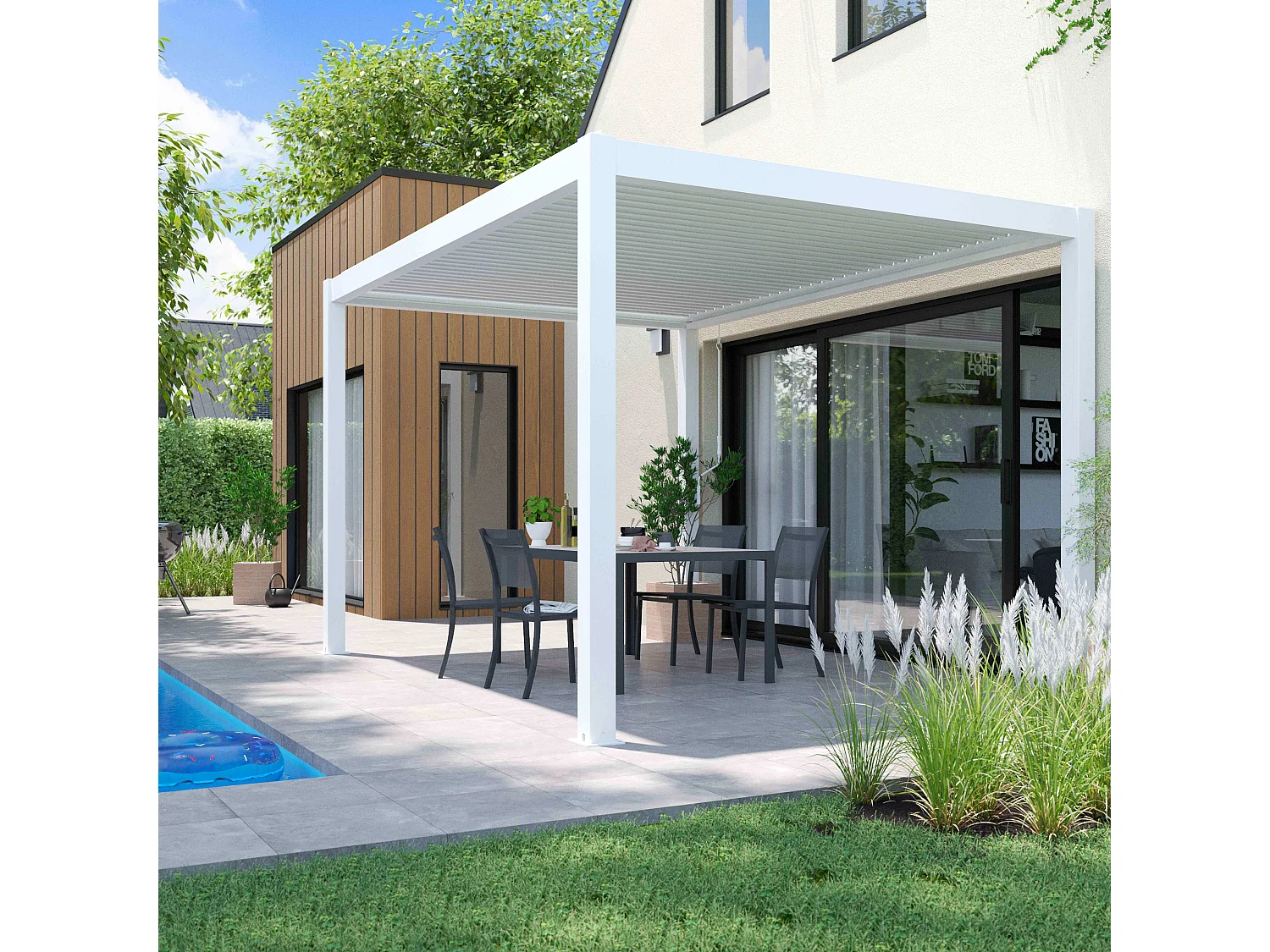 Vrijstaande bioklimatologische pergola 3x4m en 2 luifels in wit