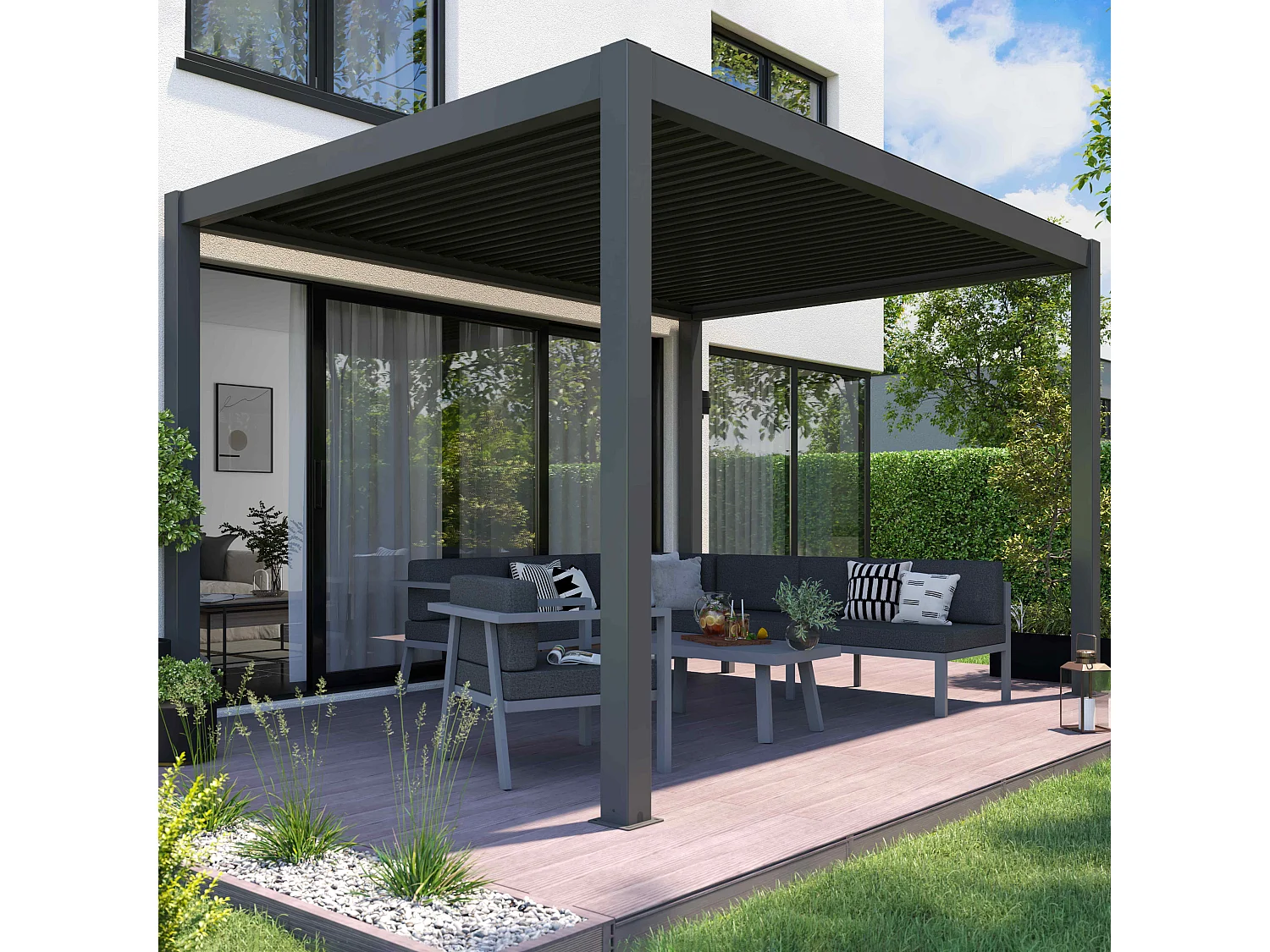 Zelfdragende en verlichte bioklimatische pergola 3 x 4 x 2,5m grijs