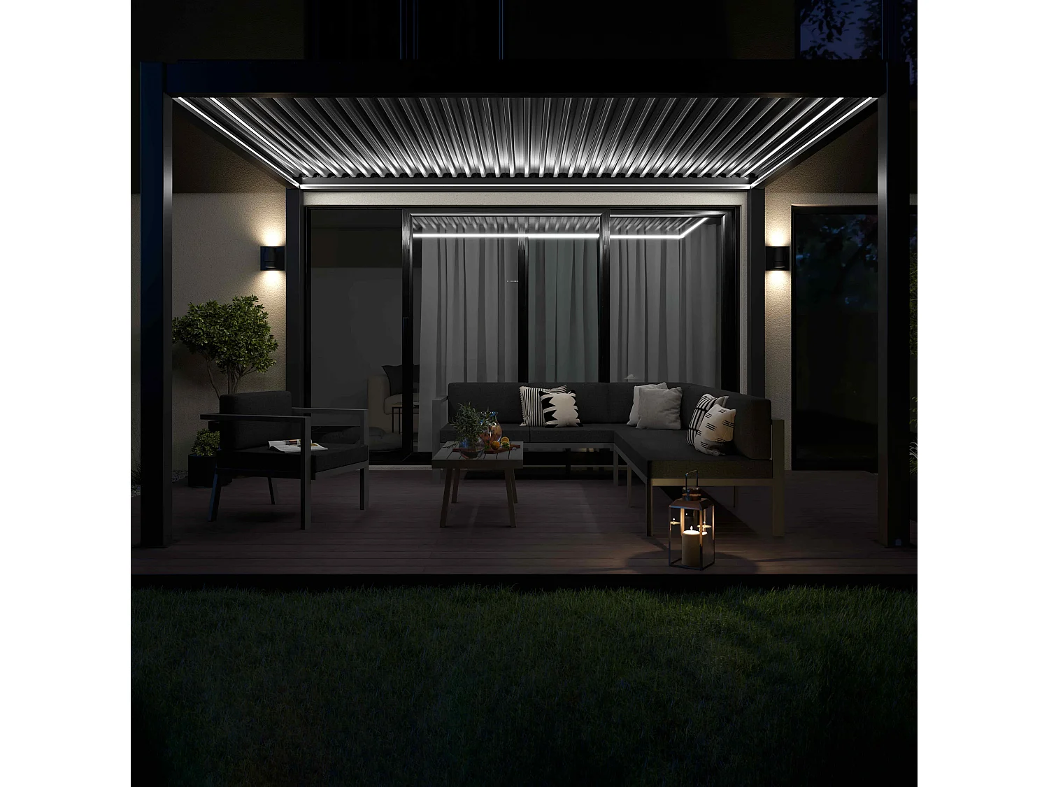 Pergola bioclimatique autoportée motorisée et éclairée 3 x4 x2,5m gris