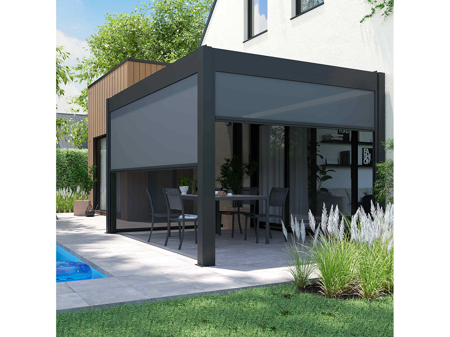 Pergola bioclimatique 3x4m autoportée avec 2 stores 2,66 X 2,34 m gris