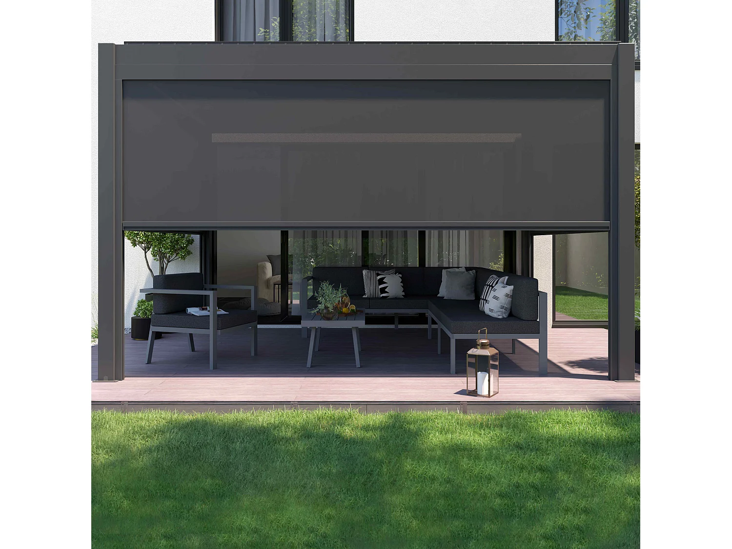 Pergola bioclimatique autoportée motorisée et éclairée 3x4m et 1 store