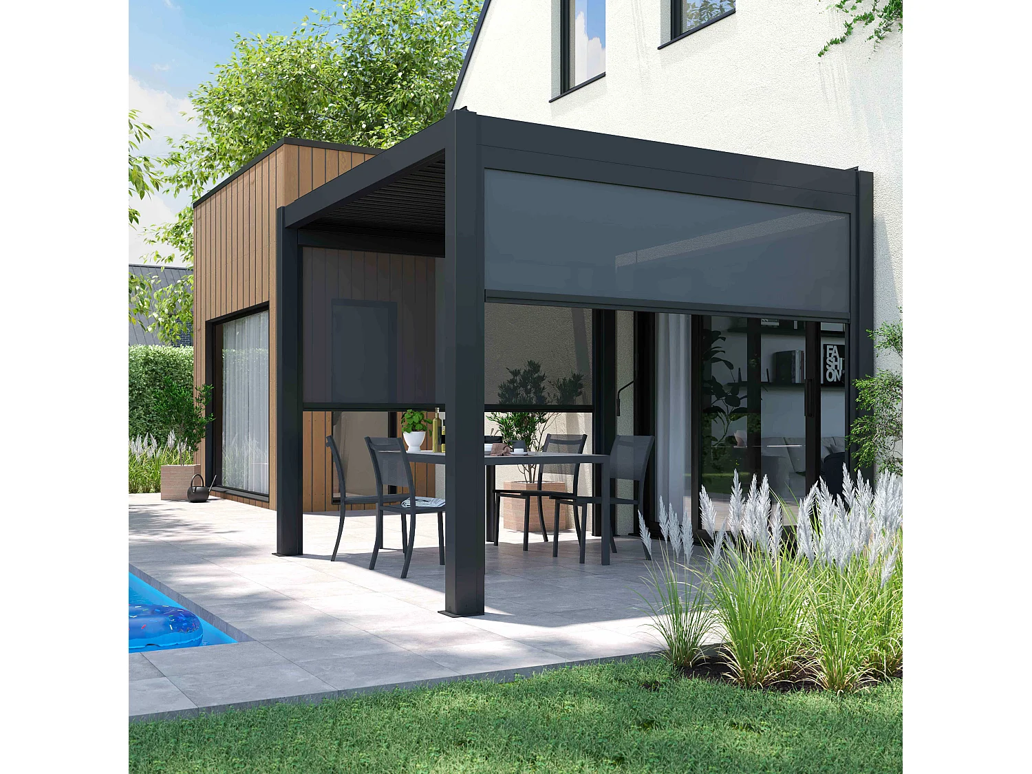 Pergola bioclimatique autoportée 3x3m et 3 Stores 2,66 X 2,34 m