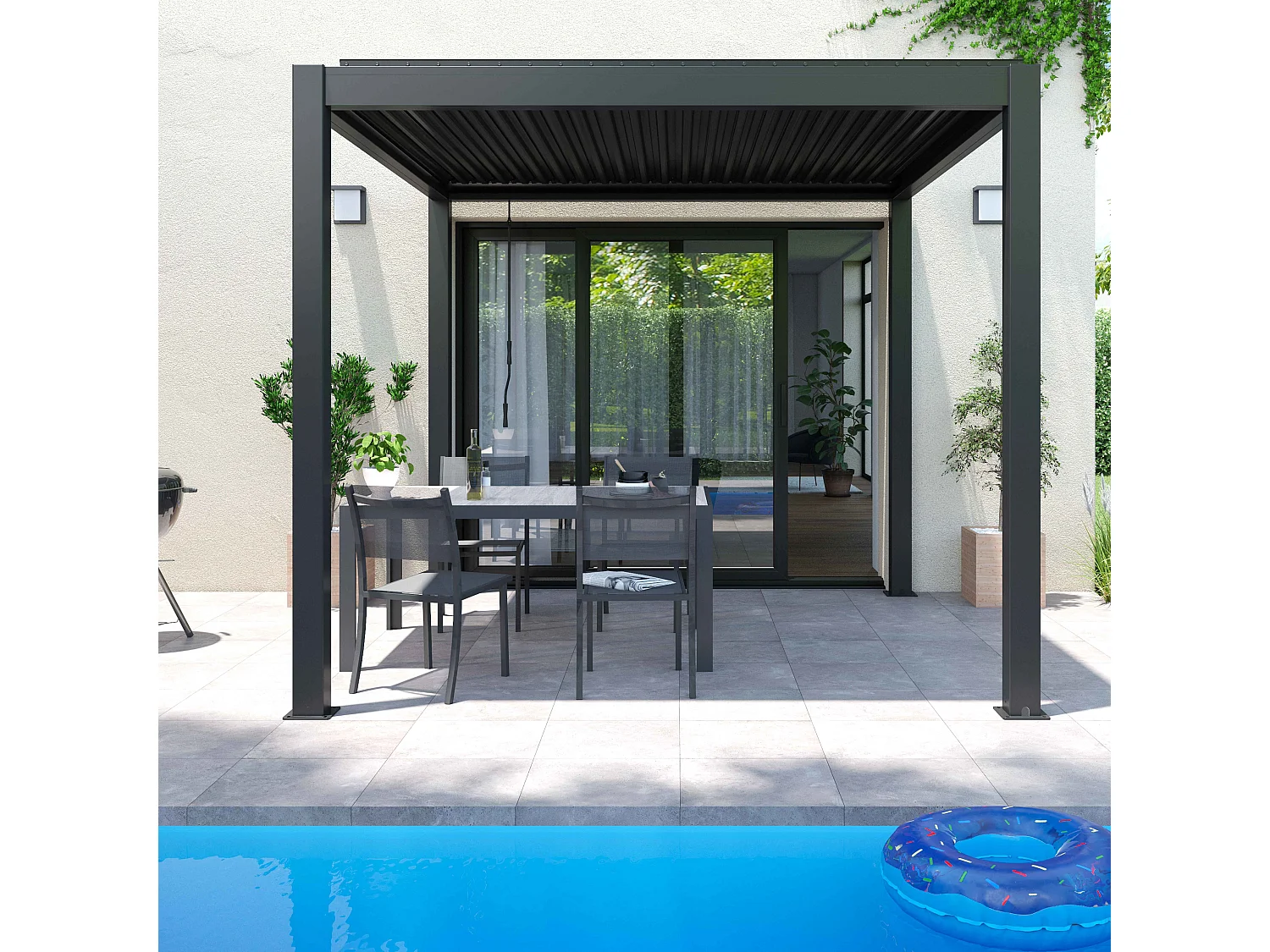 Pergola bioclimatique autoportée 3x3m et 3 Stores 2,66 X 2,34 m