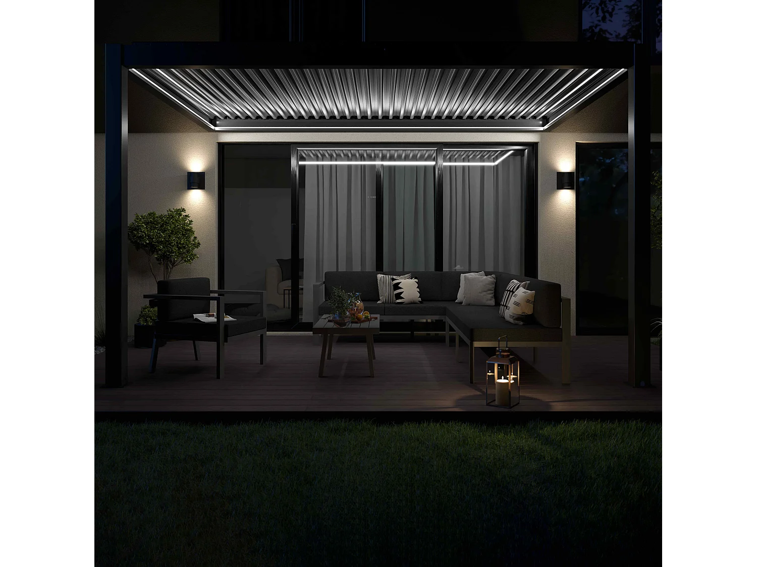 Pergola bioclimatique adossée et motorisée éclairée 3x4m et 2 stores