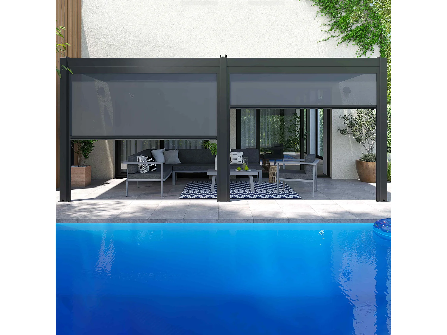 Bioklimatologische pergola van 3x6m en 2 zonneschermen van 2,66x2,34m