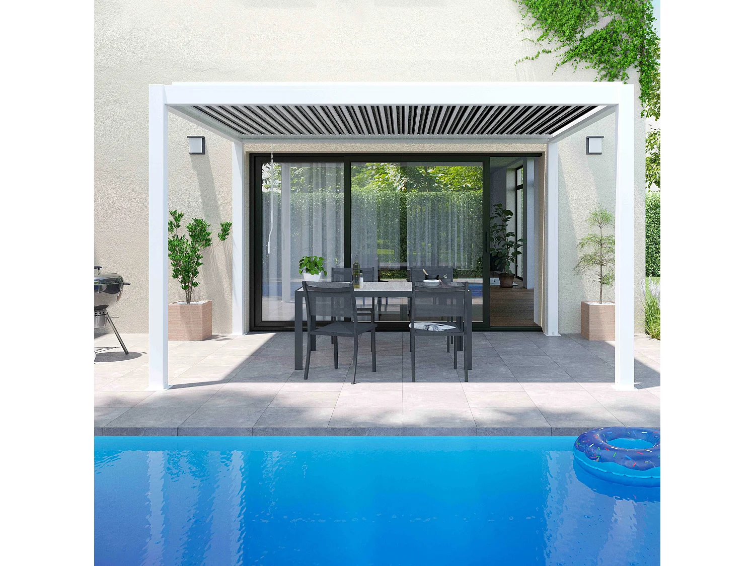 Pergola bioclimatique 3x4m autoportée avec 1 store 2,66 x 2,34 m blanc