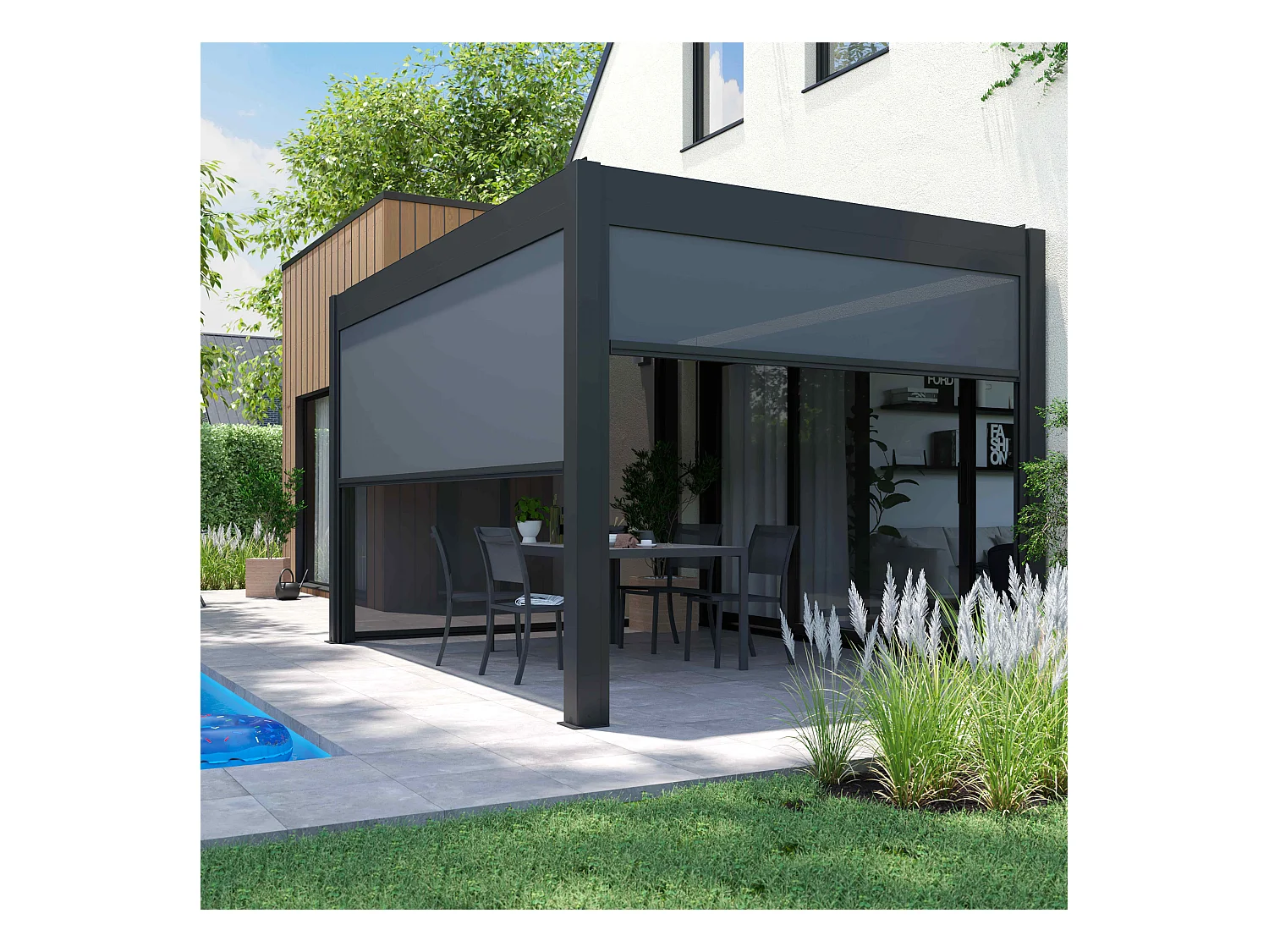 Pergola bioclimatique 3x4m autoportée avec 2 stores