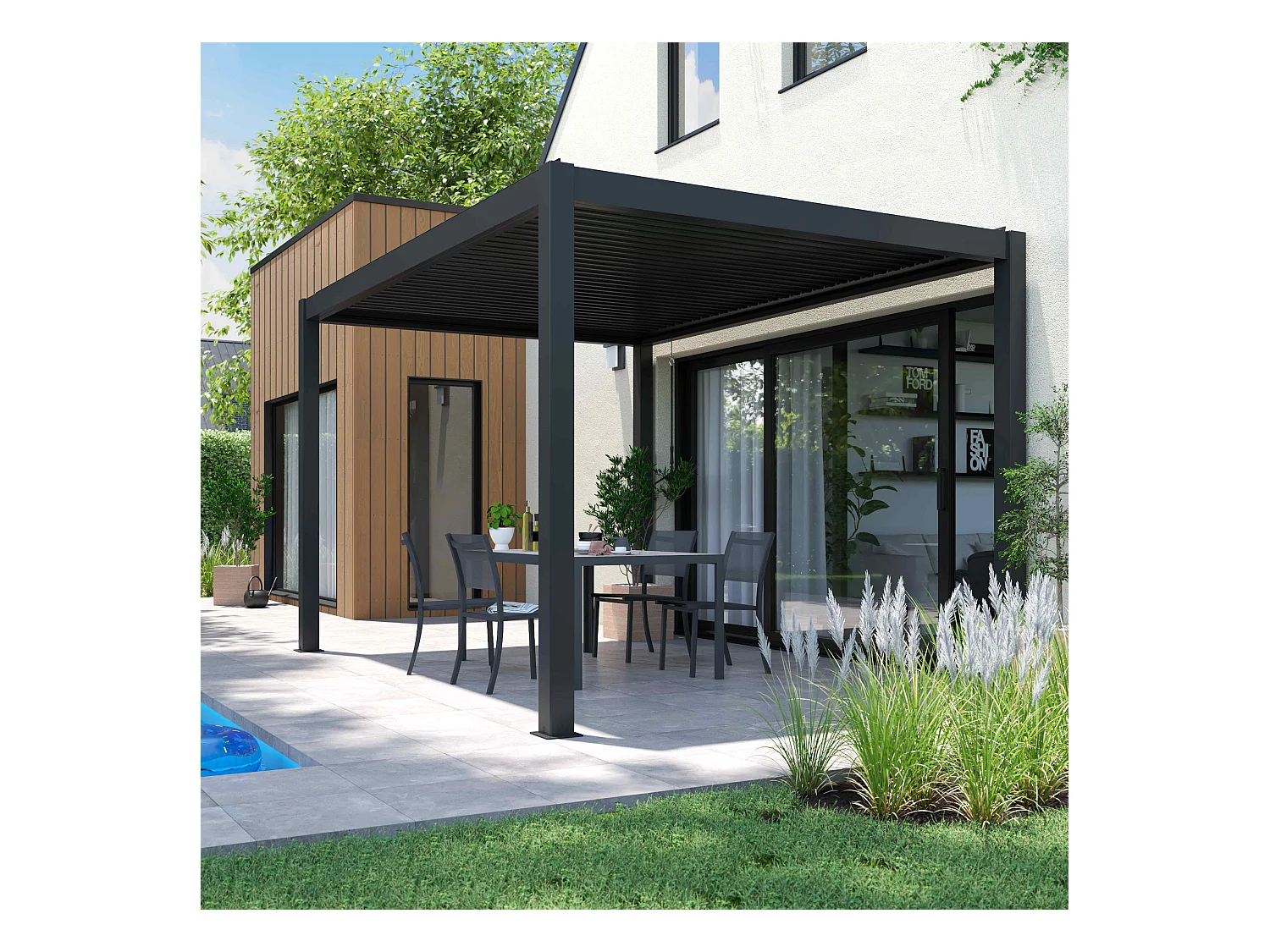 Pergola bioclimatique 3x4m autoportée avec 2 stores