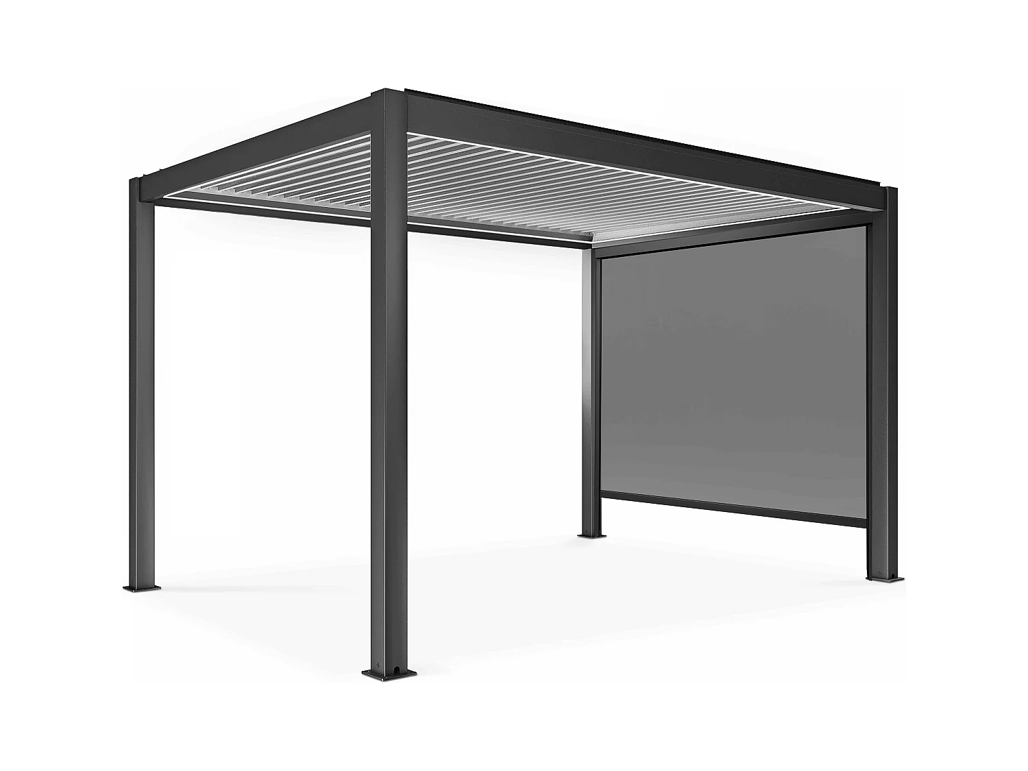 Pergola bioclimatique autoportée motorisée et éclairée 3x4m et 1 store
