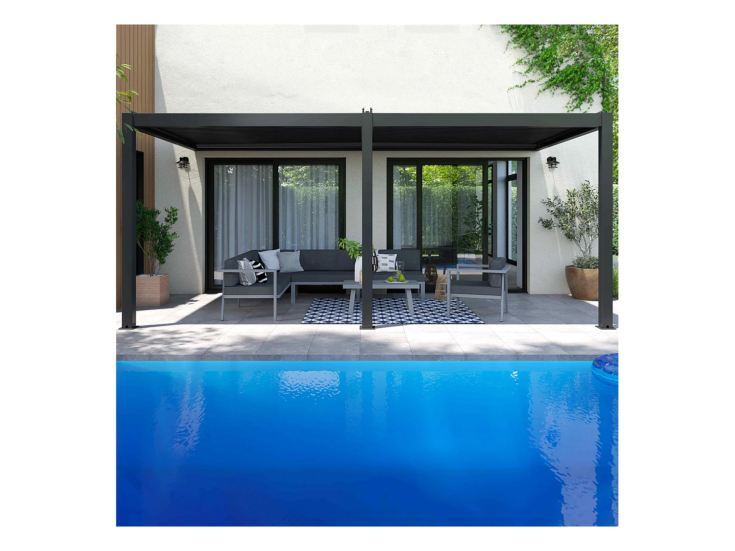 Pergola bioclimatique adossée 3x6m et 4 Stores 2,66 x 2,34m