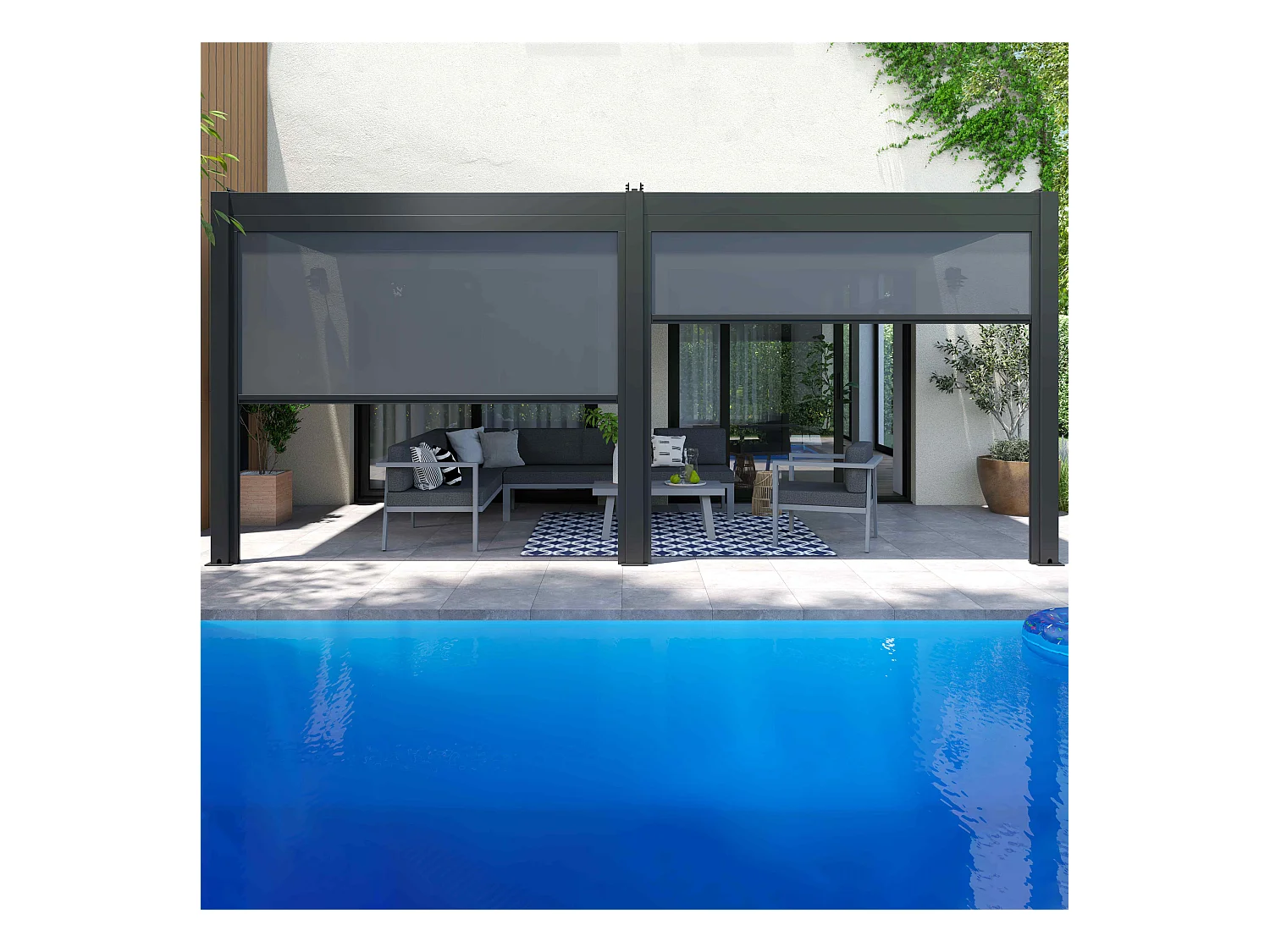 Pergola bioclimatique adossée 3x6m et 4 Stores 2,66 x 2,34m