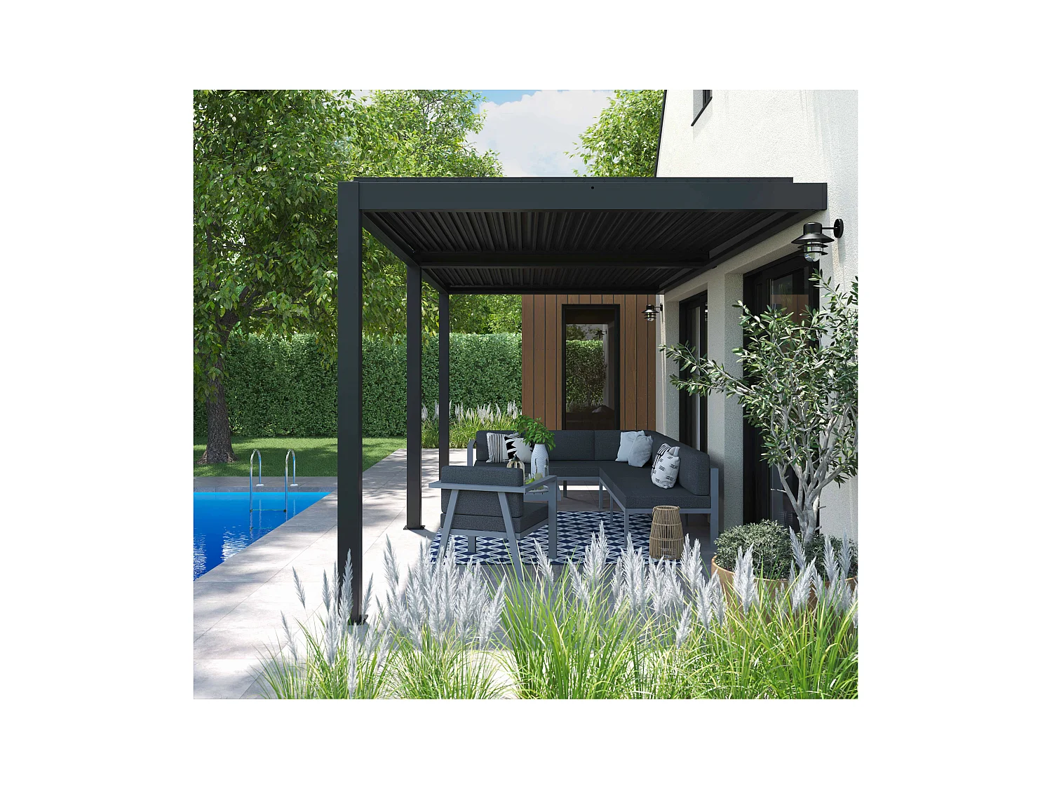 Pergola bioclimatique adossée 3x6m et 4 Stores 2,66 x 2,34m