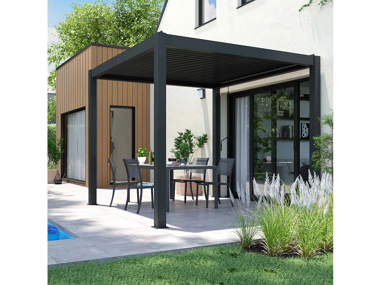 Pergola bioclimatique autoportée 3x3m et 2 Stores 2,66 X 2,34 m