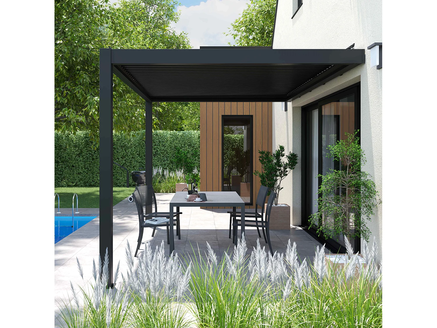 Bioklimatologische pergola van 3x4m met 2 zonneschermen van 2,66x2,34m