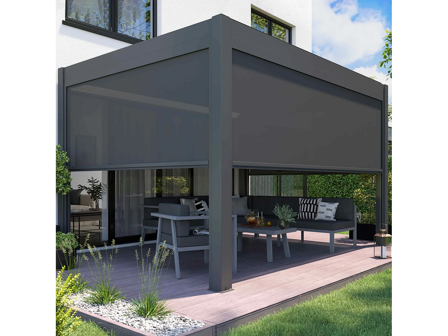 Pergola bioclimatique autoportée motorisée éclairée 3x4m et 2 stores