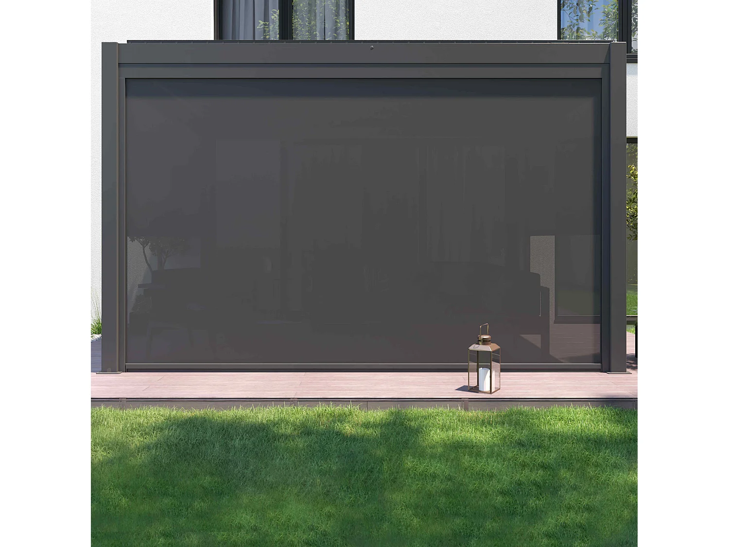 Pergola bioclimatique adossée et motorisée éclairée 3x4m et 3 stores