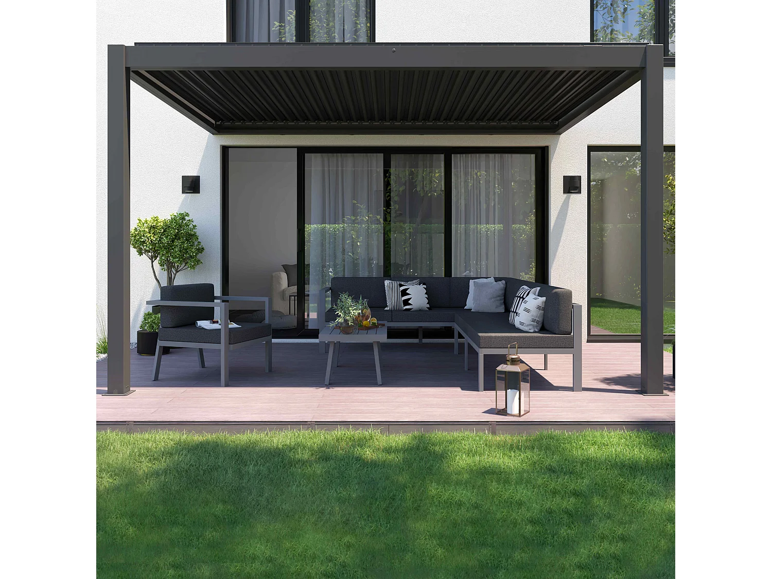 Pergola bioclimatique adossée et motorisée éclairée 3x4m et 3 stores