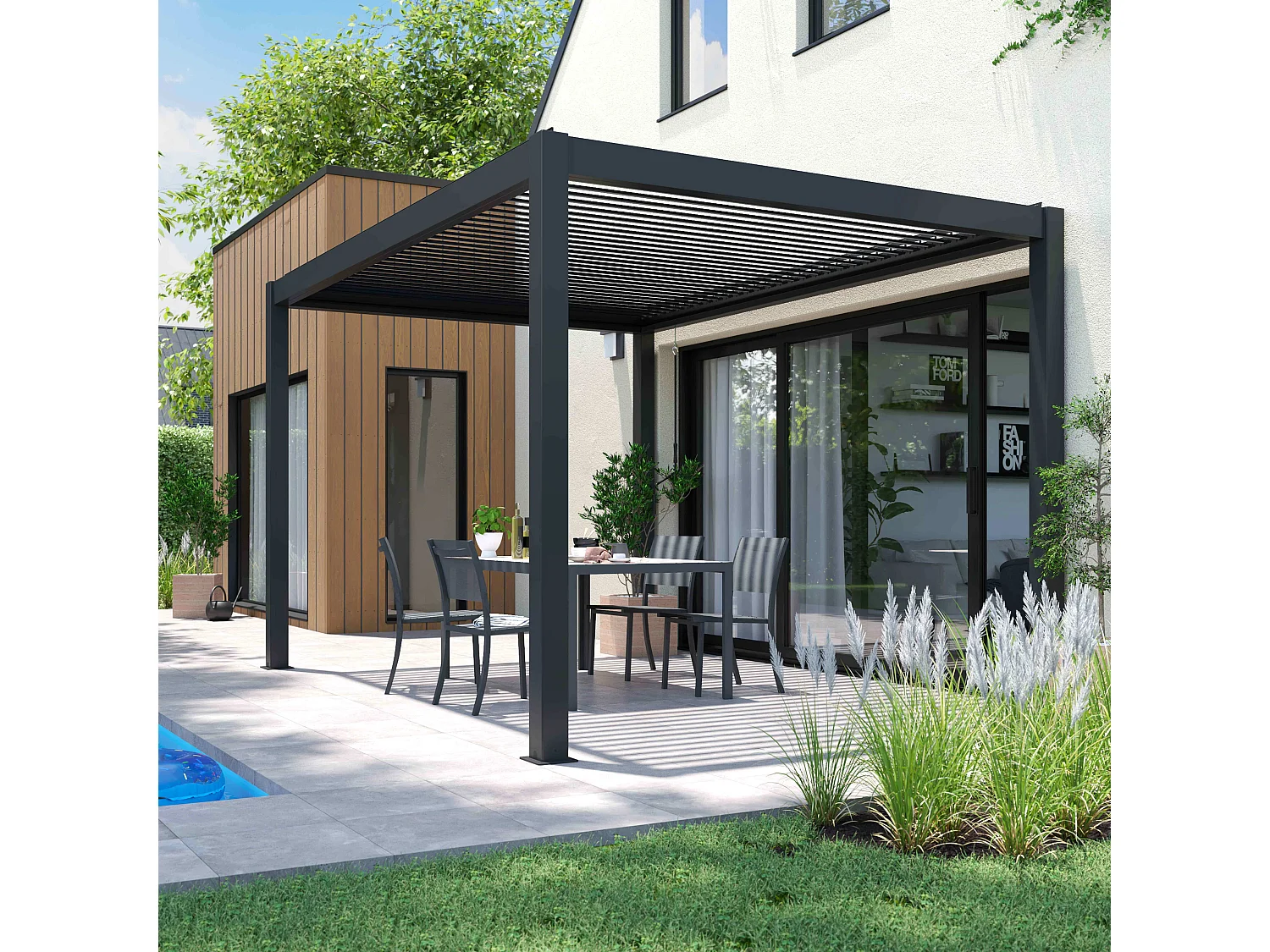 Pergola bioclimatique autoportée gris 3 x 4 x 2.5 m