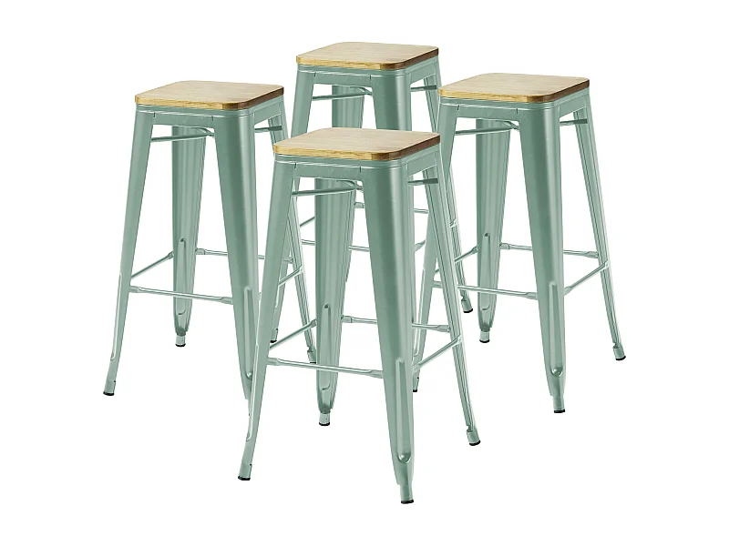 Lot de 4 tabourets de bar en métal mat vert gris et bois