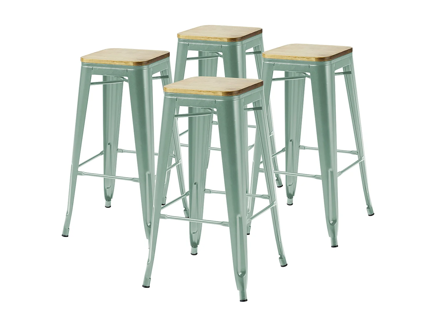 Lot de 4 tabourets de bar en métal mat vert gris et bois