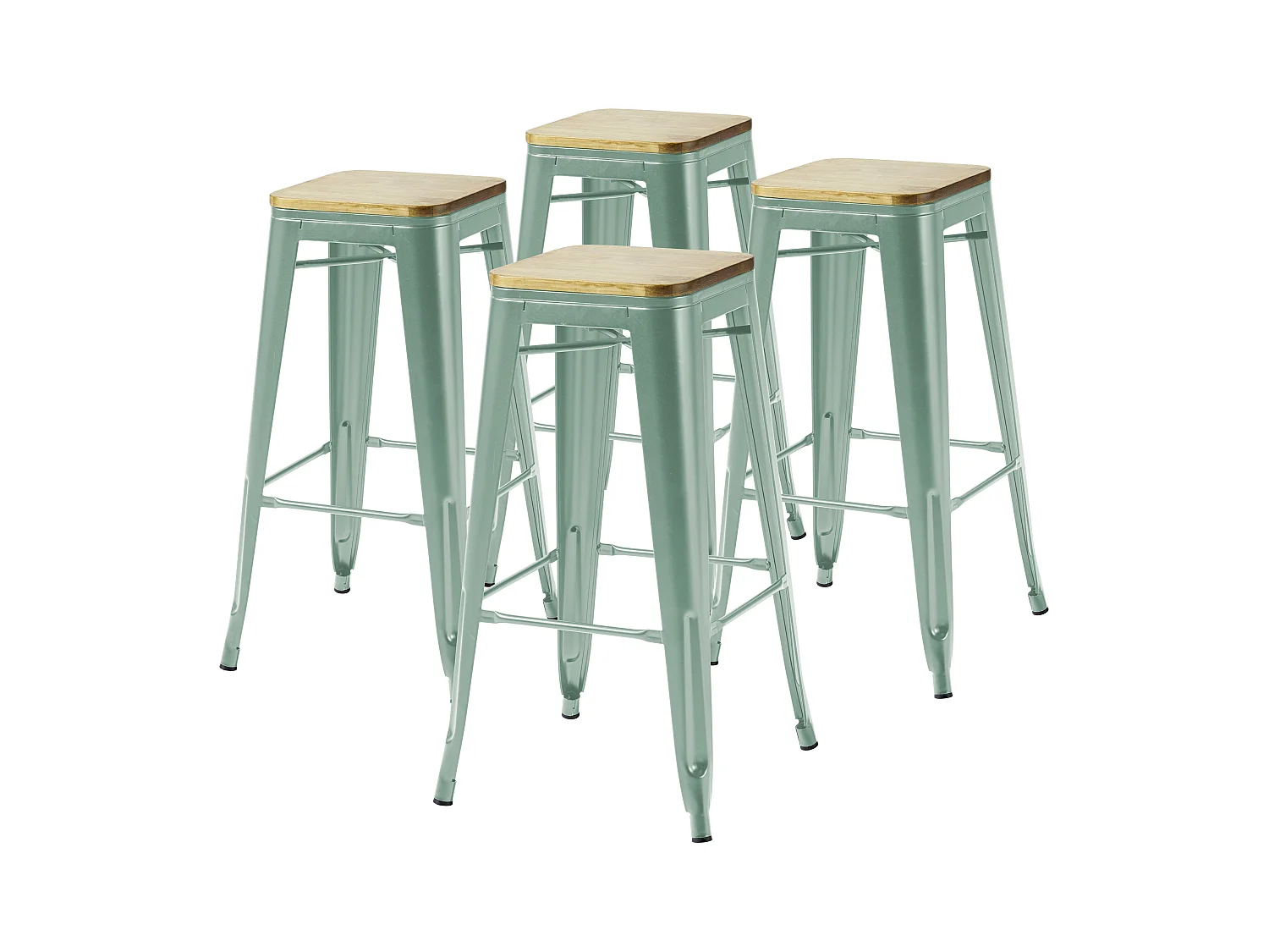 Lot de 4 tabourets de bar en métal mat vert gris et bois
