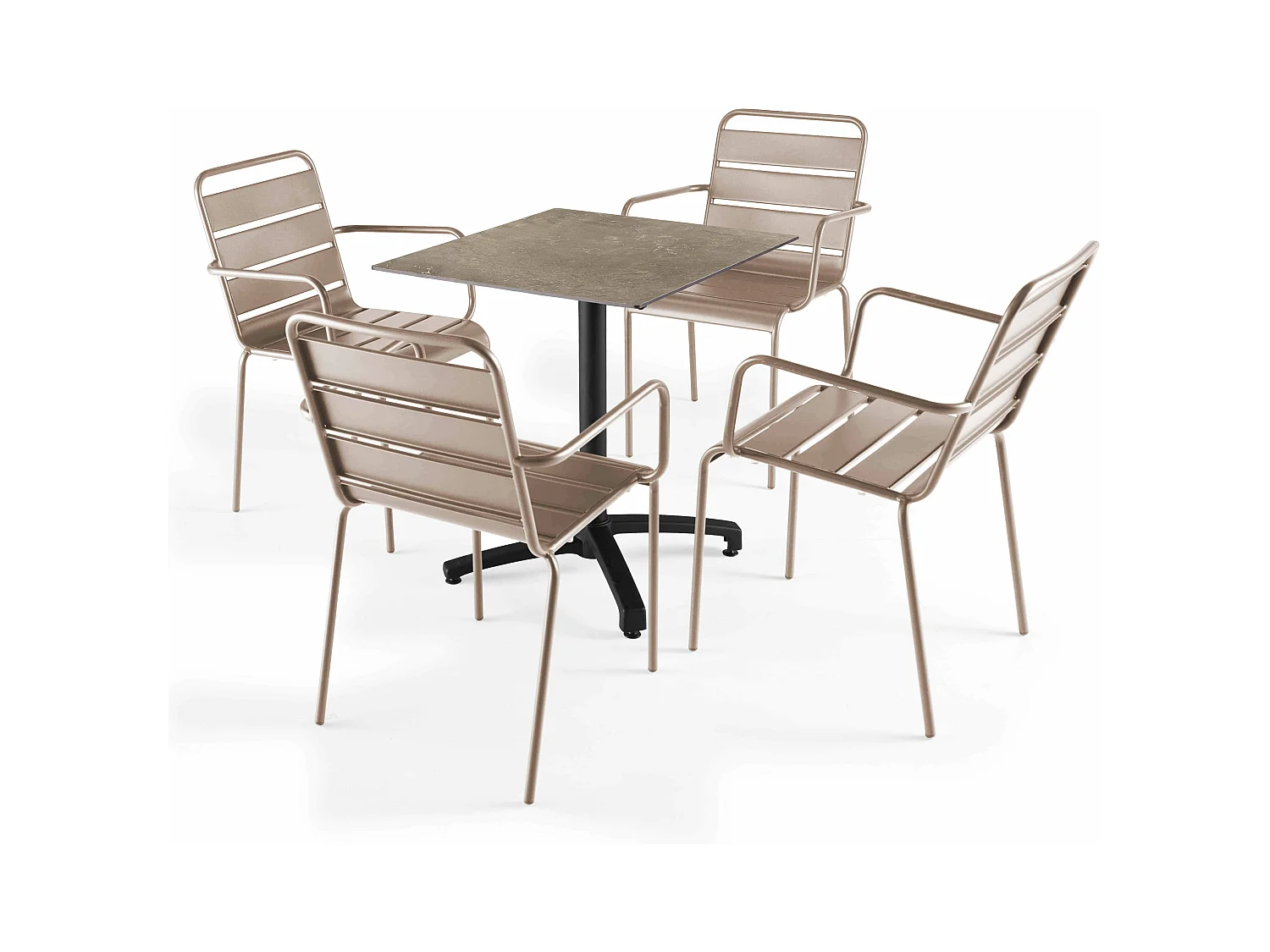 Ensemble table de terrasse stratifié marbre beige et 4 fauteuils taupe