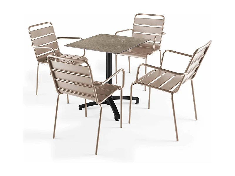 Ensemble table de terrasse stratifié marbre beige et 4 fauteuils taupe