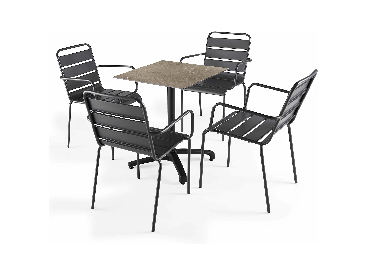 Ensemble table terrasse stratifié marbre beige et 4 fauteuils gris