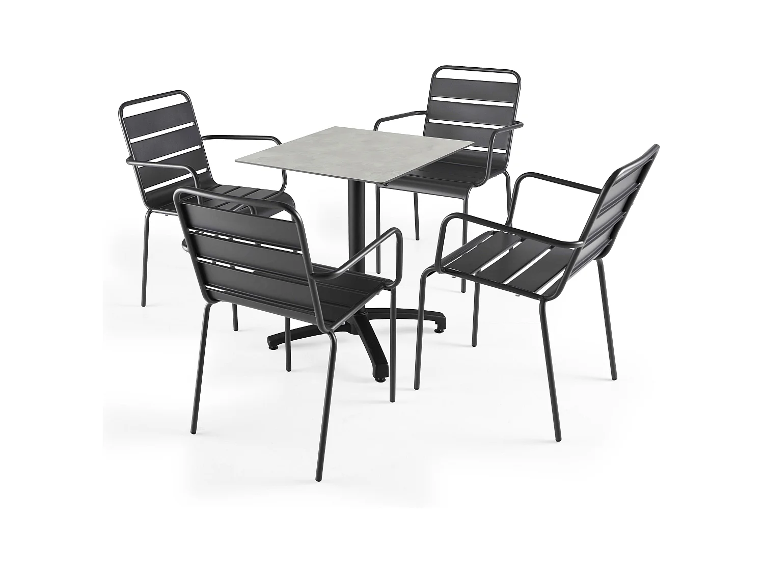 Ensemble table terrasse stratifié béton gris clair et 4 fauteuils gris