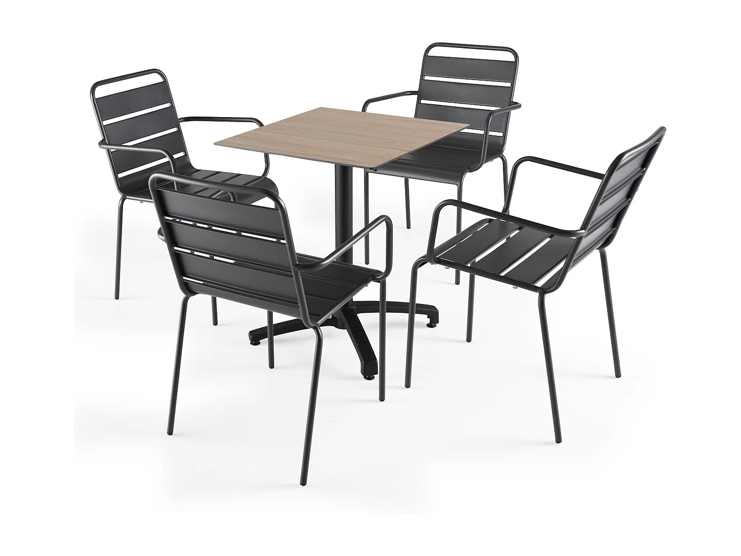 Set van een licht eiken gelamineerde tuinset en 4 grijze fauteuils